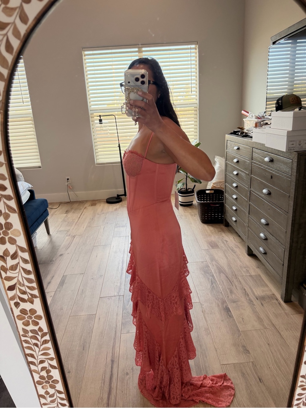 Coral High-Low Lace Ruffle Dress - Picture 2 of 11